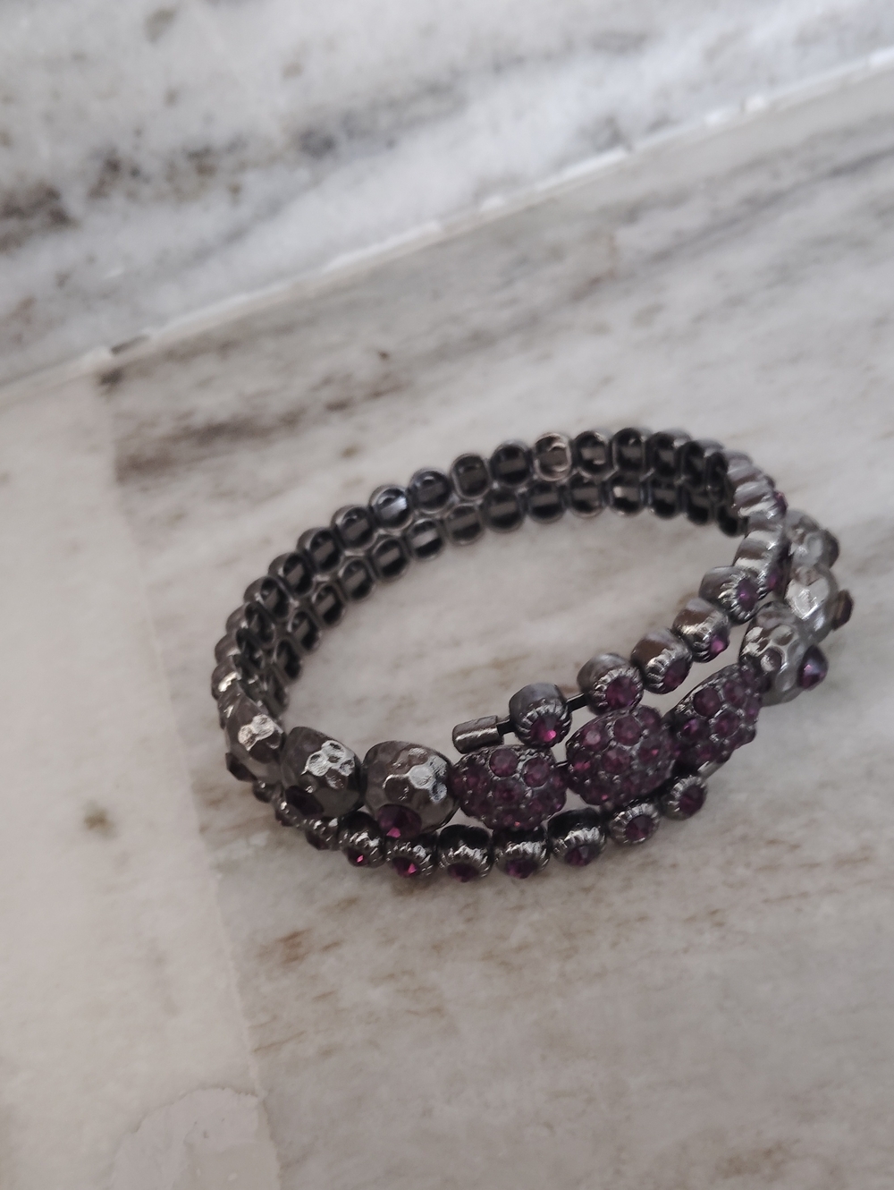 Gunmetal Stretch Bracelet with Purple Crystal Flower Accents
